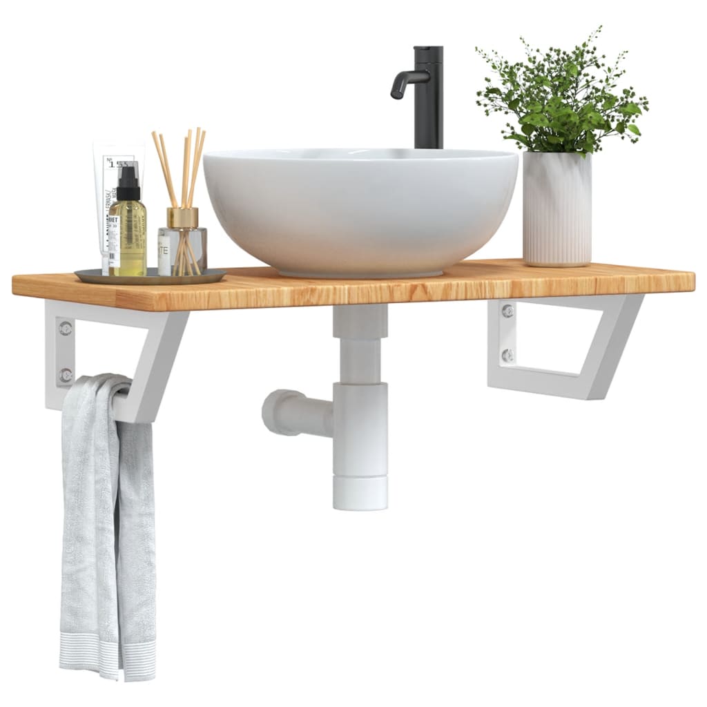 Basin Shelf Wall Mounted Steel and Solid Wood Oak Trapezium Height 2.5 cm Width 80 cm Light brown and white