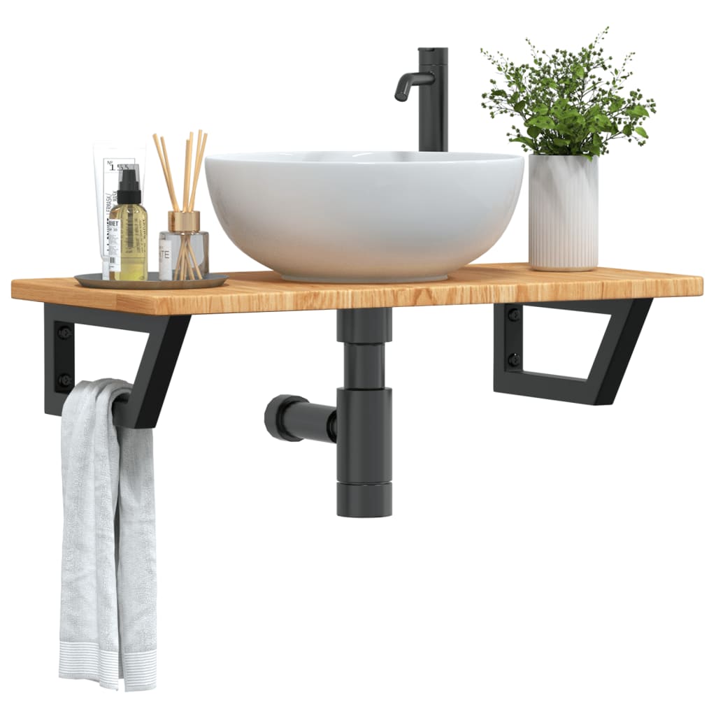 Basin Shelf Wall Mounted Steel and Solid Wood Oak Trapezium Height 2.5 cm Width 80 cm Light brown and black