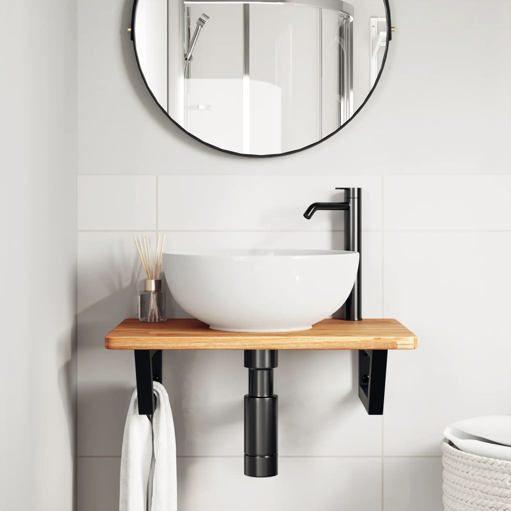 Basin Shelf Wall Mounted Steel and Solid Wood Oak Trapezium Height 2.5 cm Width 60 cm Light brown and black