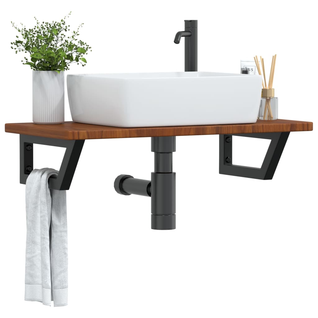 Basin Shelf Wall Mounted Steel and Solid Wood Oak Trapezium Height 2.5 cm Width 80 cm Dark brown and black
