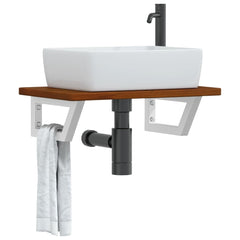 Basin Shelf Wall Mounted Steel and Solid Wood Oak Trapezium Height 2.5 cm Width 60 cm Dark brown and white