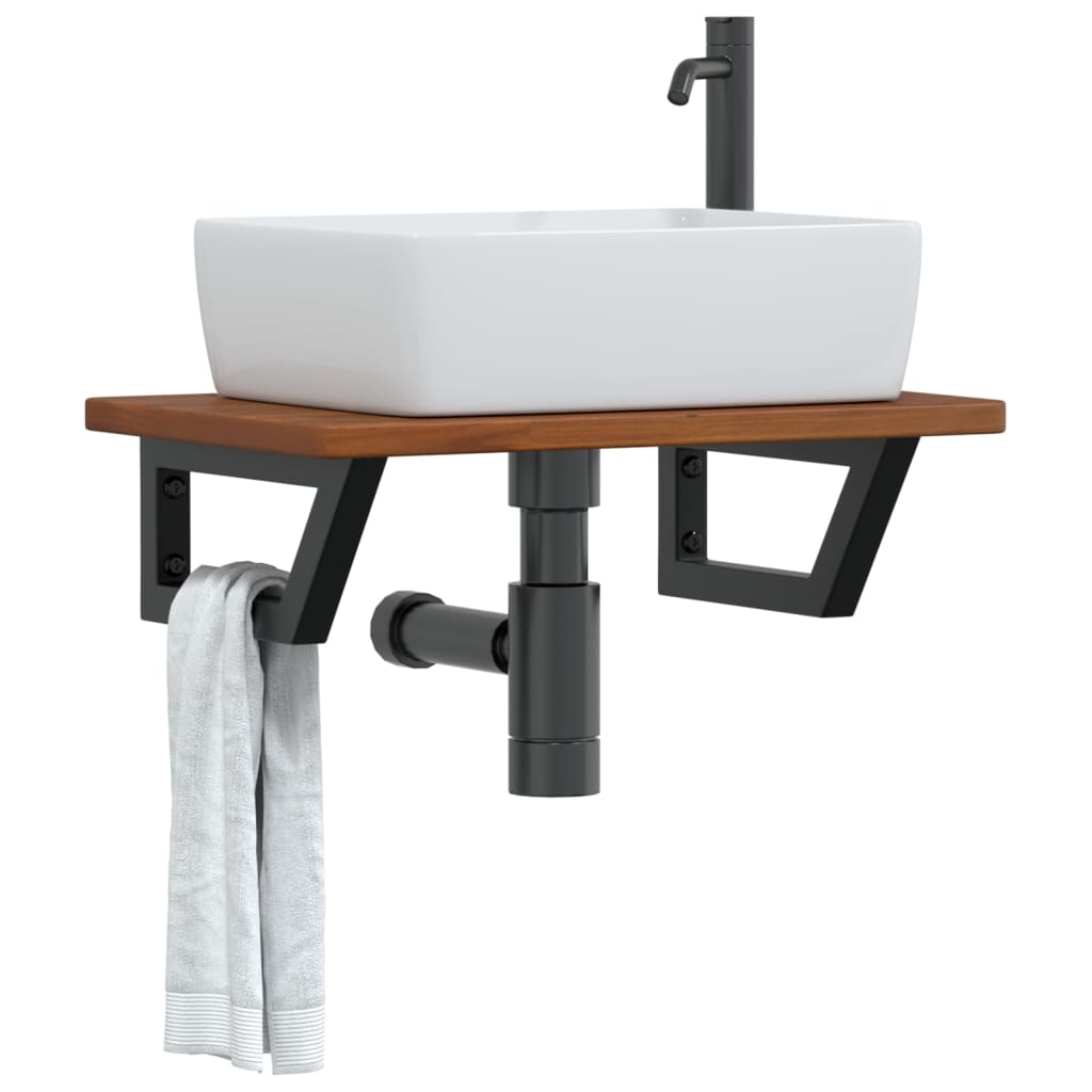 Basin Shelf Wall Mounted Steel and Solid Wood Oak Trapezium Height 2.5 cm Width 60 cm Dark brown and black