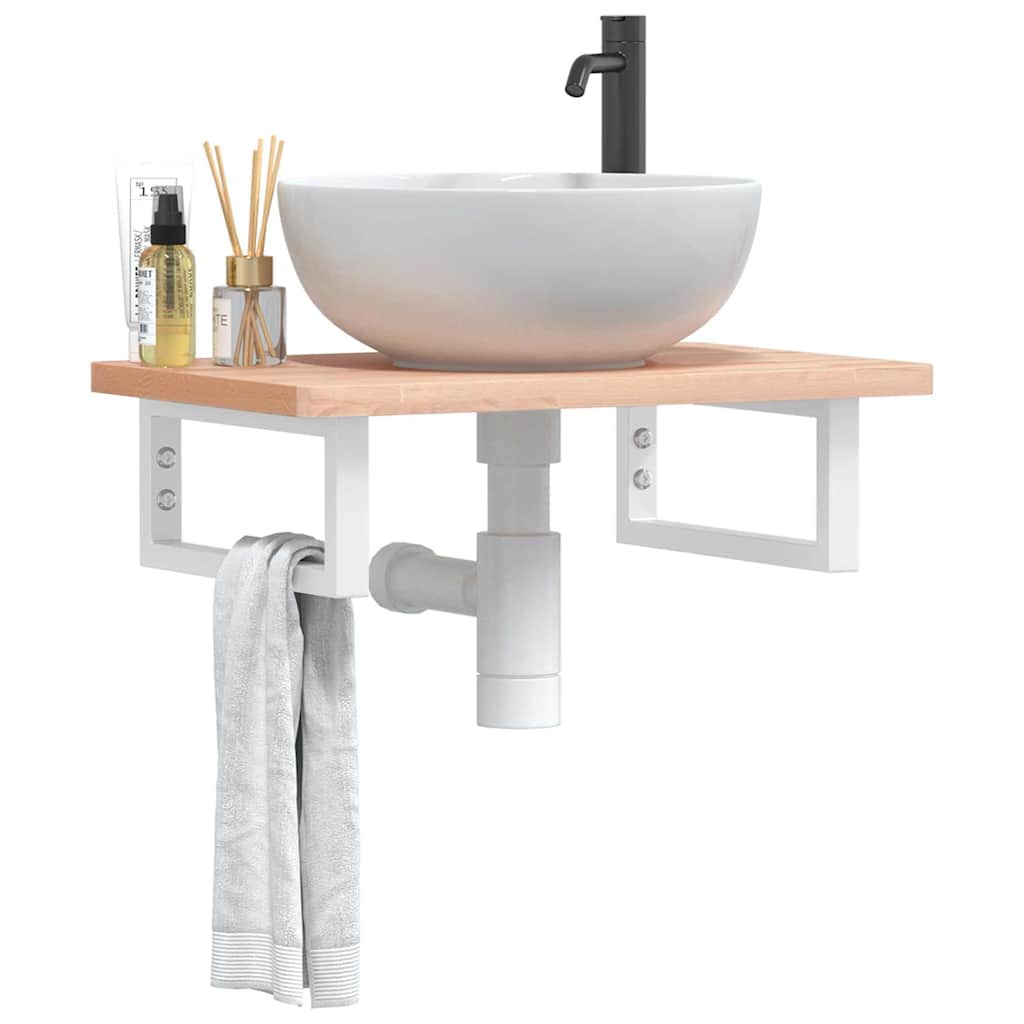 Basin Shelf Wall Mounted Steel and Solid Wood Beech Rectangular Height 2.5 cm Brown and white 60 cm 40 cm