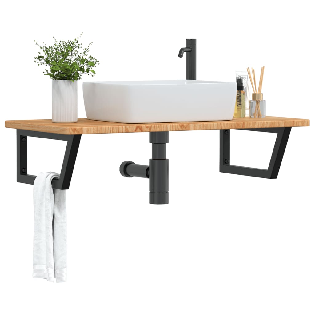 Basin Shelf Wall Mounted Steel and Solid Wood Oak Trapezium Height 2.5 cm Width 100 cm Light brown and black 50 cm