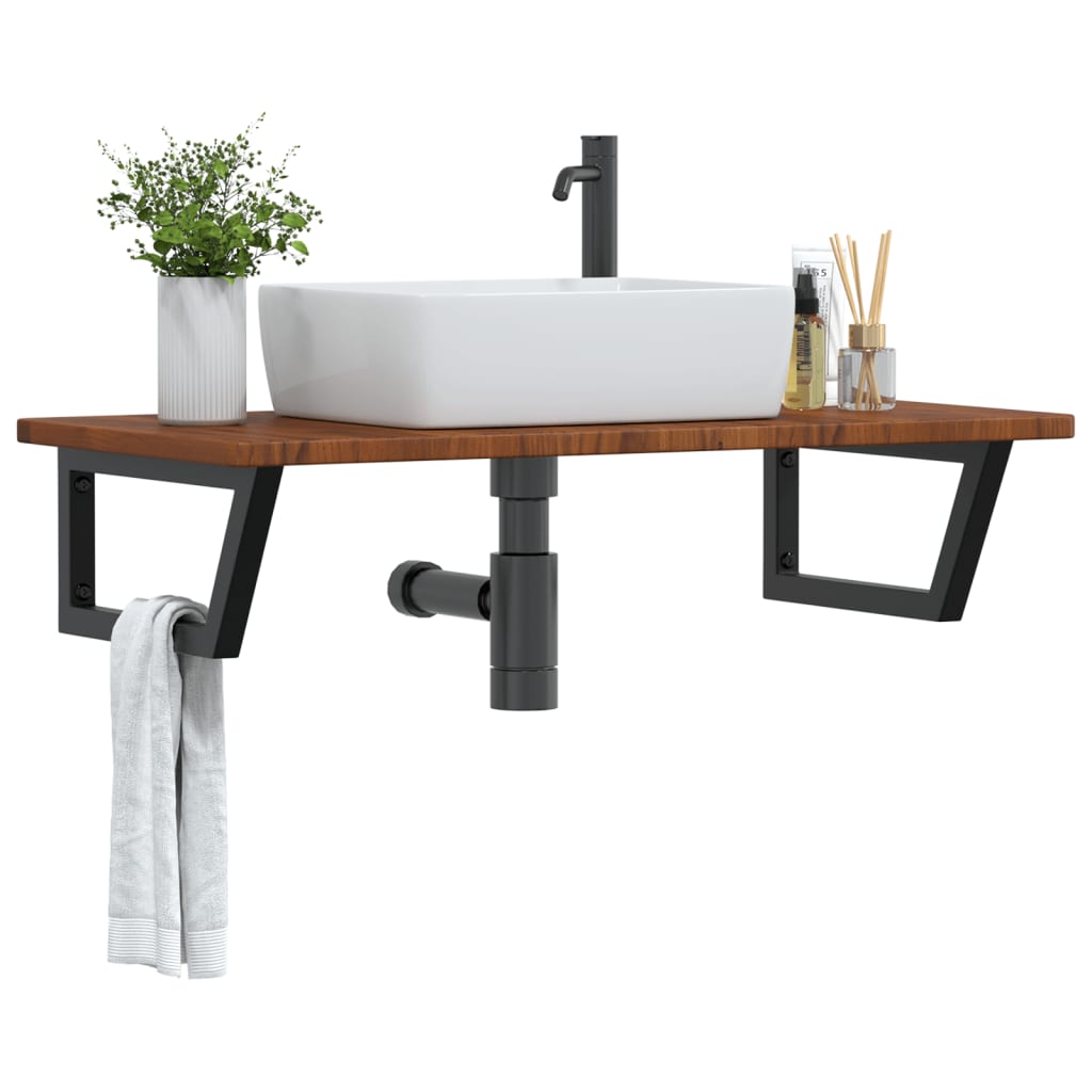 Basin Shelf Wall Mounted Steel and Solid Wood Oak Trapezium Height 2.5 cm Width 100 cm Dark brown and black 50 cm