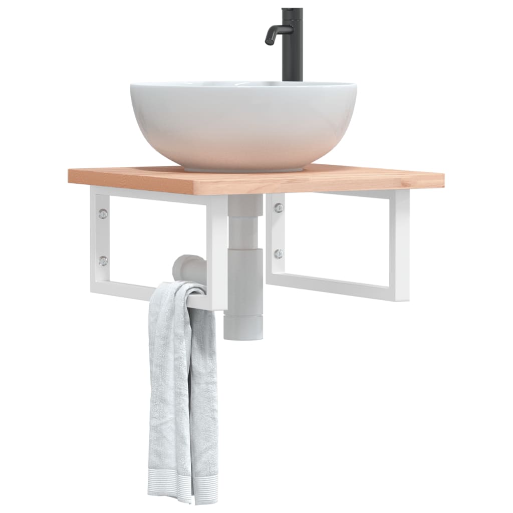Basin Shelf Wall Mounted Steel and Solid Wood Beech Rectangular Width 50 cm Brown and white 2.5 cm