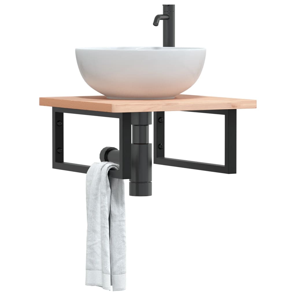 Basin Shelf Wall Mounted Steel and Solid Wood Beech Rectangular Width 50 cm Brown and black 2.5 cm