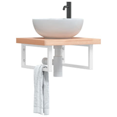 Basin Shelf Wall Mounted Steel and Solid Wood Beech Rectangular Width 50 cm Brown and white 4 cm