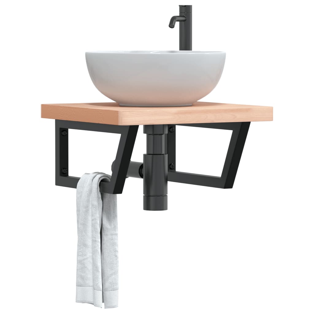 Basin Shelf Wall Mounted Steel and Solid Wood Beech Trapezium Width 50 cm Brown and black 4 cm