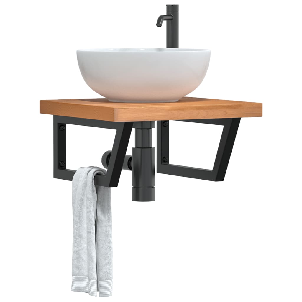 Basin Shelf Wall Mounted Steel and Solid Wood Beech Trapezium Width 50 cm Dark brown and black 4 cm