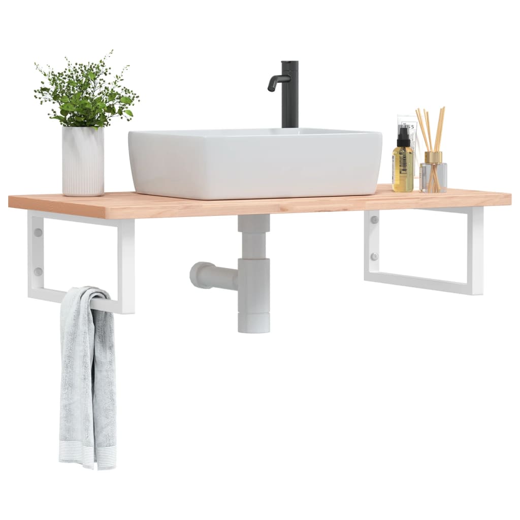 Basin Shelf Wall Mounted Steel and Solid Wood Beech Rectangular Height 2.5 cm Brown and white 100 cm 50 cm