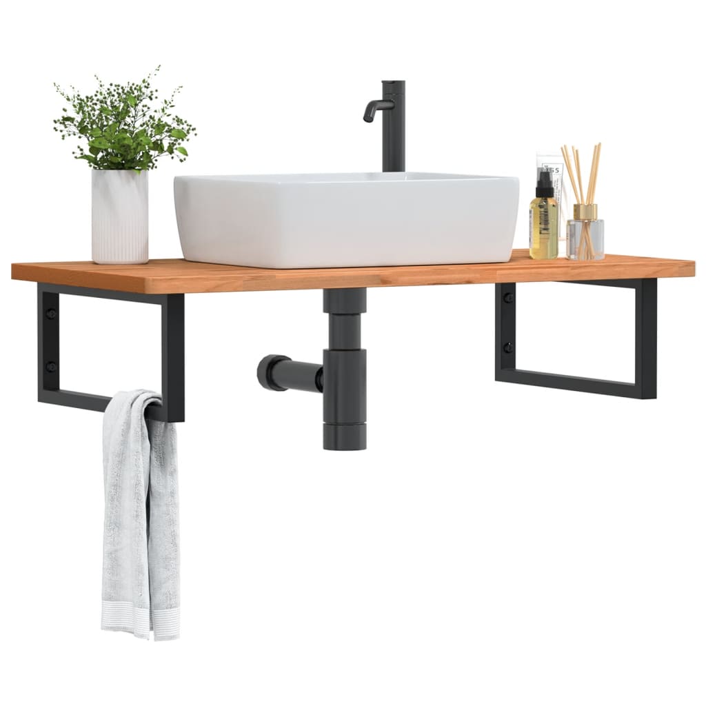 Basin Shelf Wall Mounted Steel and Solid Wood Beech Rectangular Height 2.5 cm Dark brown and black 100 cm 50 cm