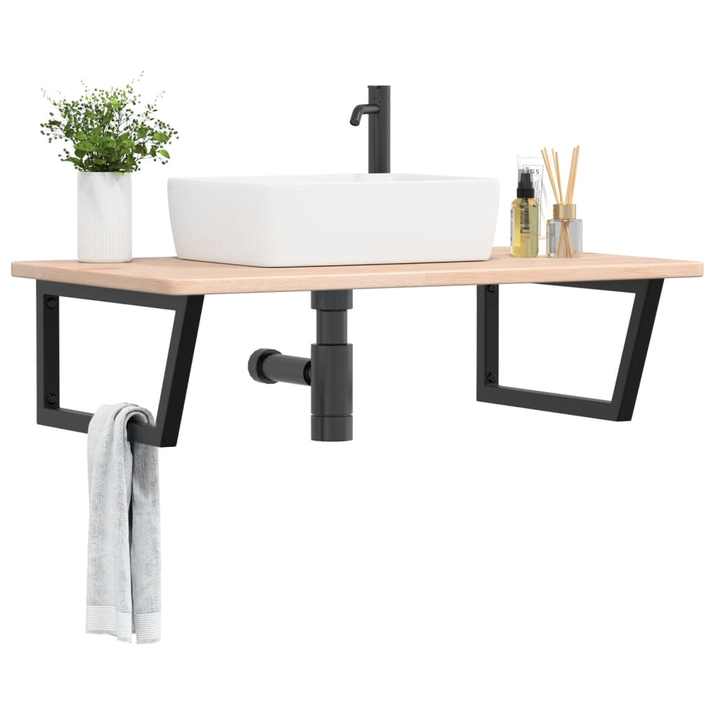 Basin Shelf Wall Mounted Steel and Solid Wood Oak Trapezium Height 2.5 cm Width 100 cm Brown and black 60 cm