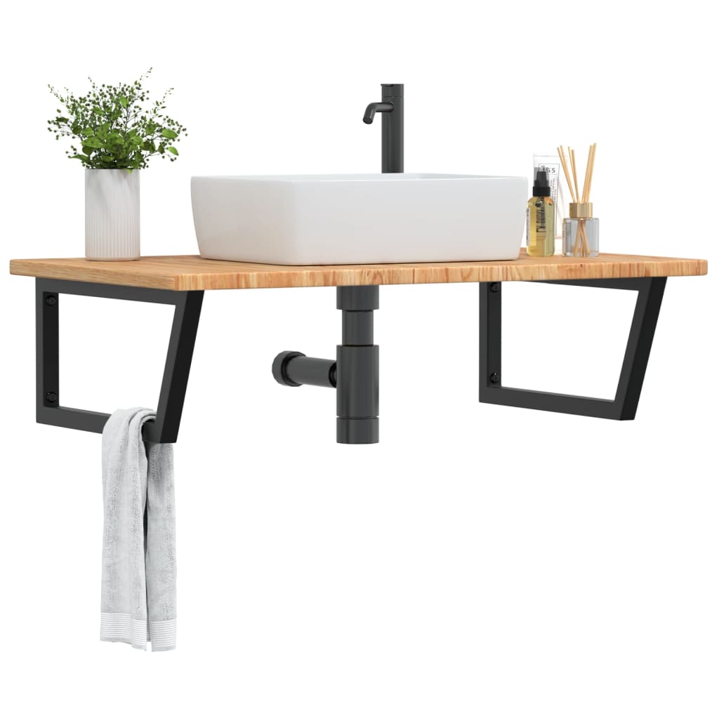 Basin Shelf Wall Mounted Steel and Solid Wood Oak Trapezium Height 2.5 cm Width 100 cm Light brown and black 60 cm