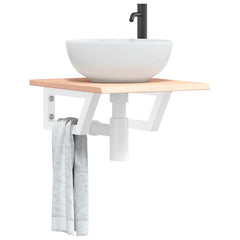 Basin Shelf Wall Mounted Steel and Solid Wood Oak Trapezium Depth 50 cm Width 40 cm Brown and white