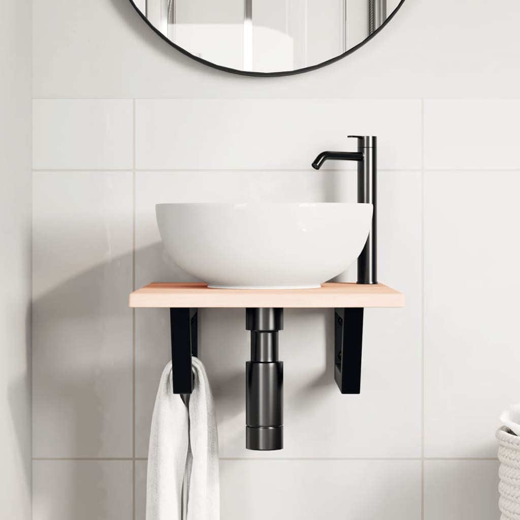 Basin Shelf Wall Mounted Steel and Solid Wood Oak Trapezium Depth 50 cm Width 40 cm Brown and black