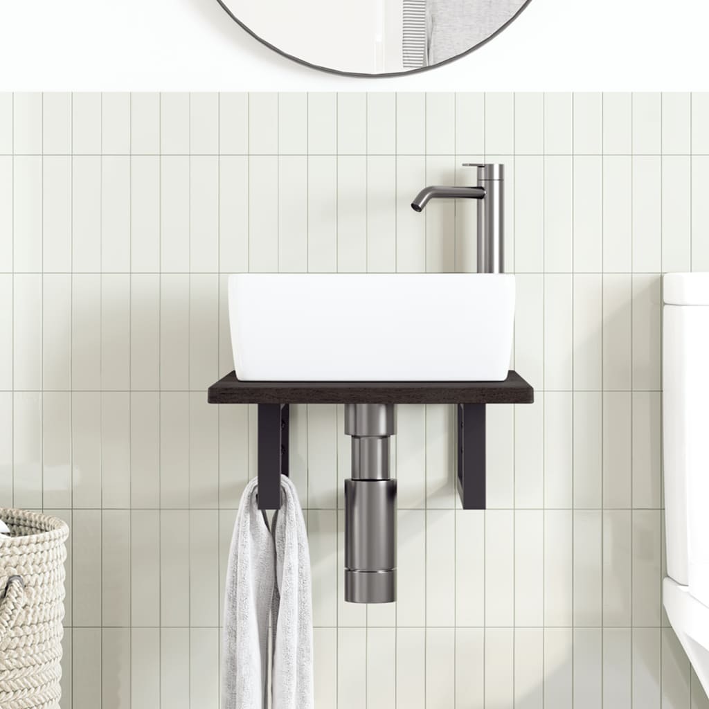 Basin Shelf Wall Mounted Steel and Solid Wood Oak Rectangular Depth 60 cm Dark brown and black