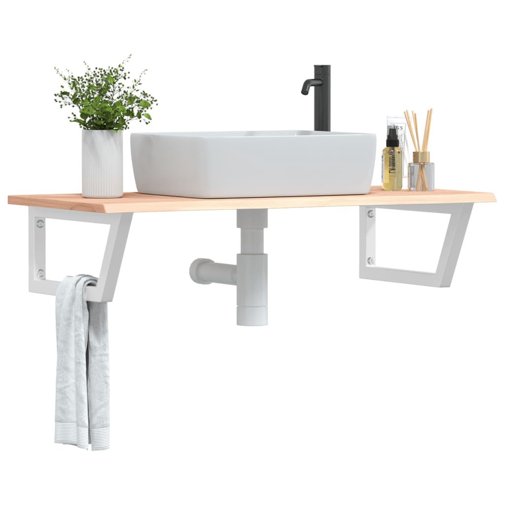 Basin Shelf Wall Mounted Steel and Solid Wood Oak Trapezium Depth 50 cm Width 100 cm Brown and white