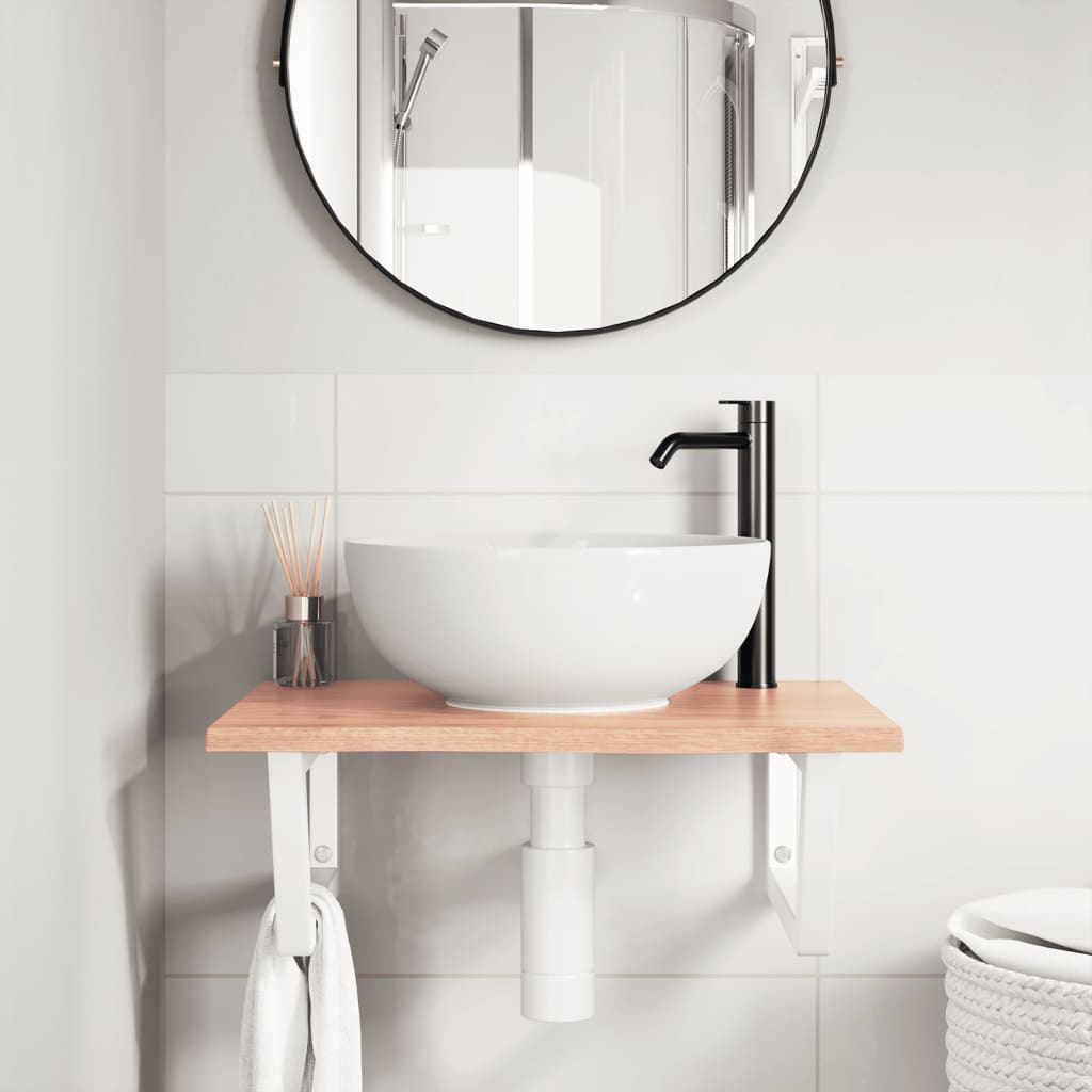 Basin Shelf Wall Mounted Steel and Solid Wood Oak Trapezium Depth 50 cm Width 60 cm Light brown and white