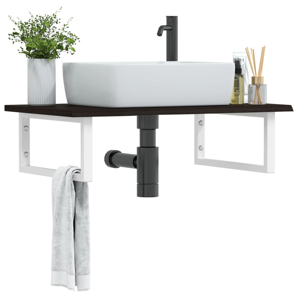 Basin Shelf Wall Mounted Steel and Solid Wood Oak Rectangular Depth 50 cm Width 80 cm Dark brown and white