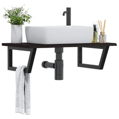 Basin Shelf Wall Mounted Steel and Solid Wood Oak Trapezium Depth 50 cm Width 80 cm Dark brown and black