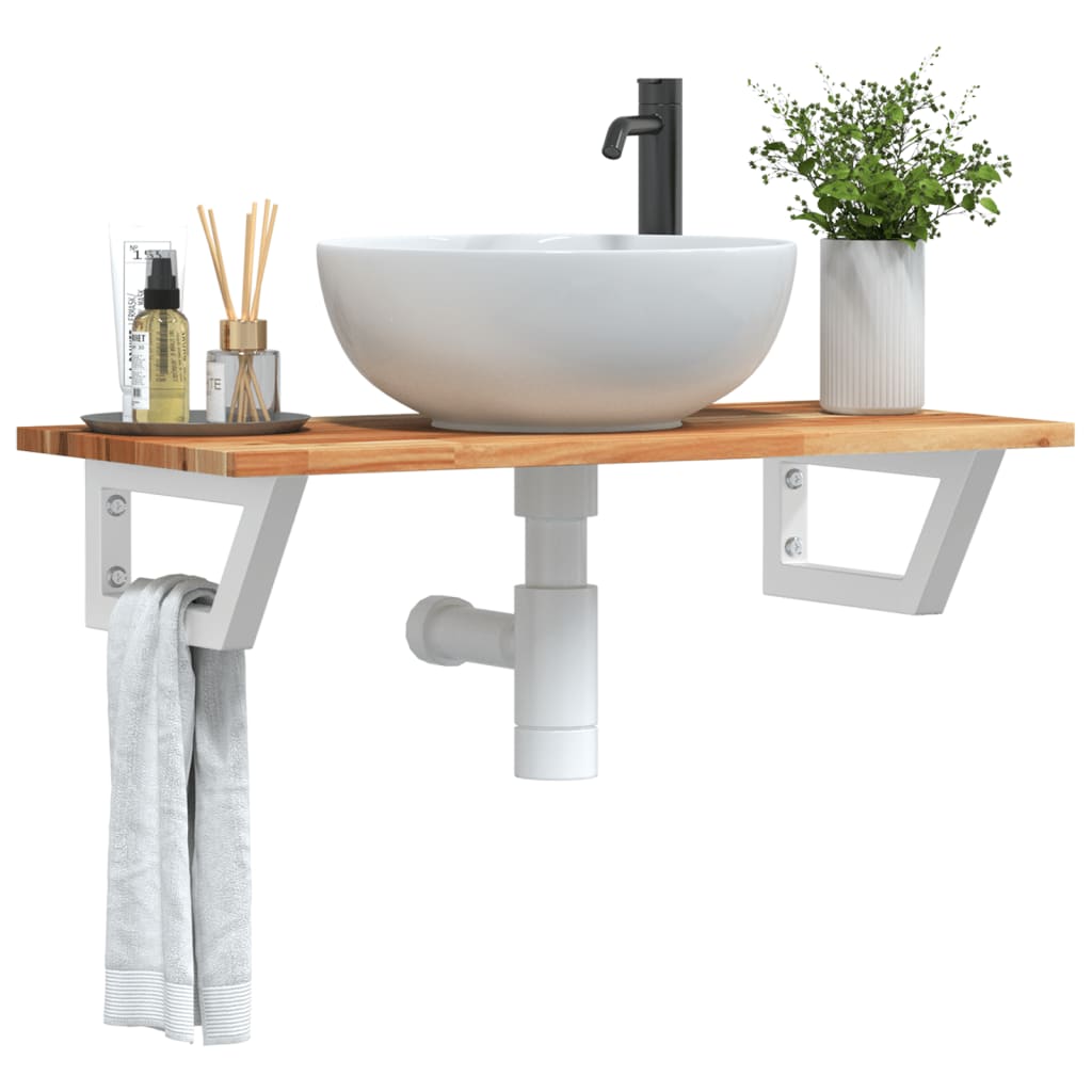 Basin Shelf Wall Mounted Steel Solid Wood Acacia Trapezium Height Dark Brown White