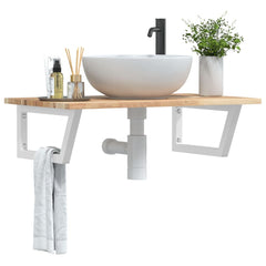 Basin Shelf Wall Mounted Steel and Solid Wood Acacia Trapezium Depth 50 cm Height 2 cm Brown and White 100 cm