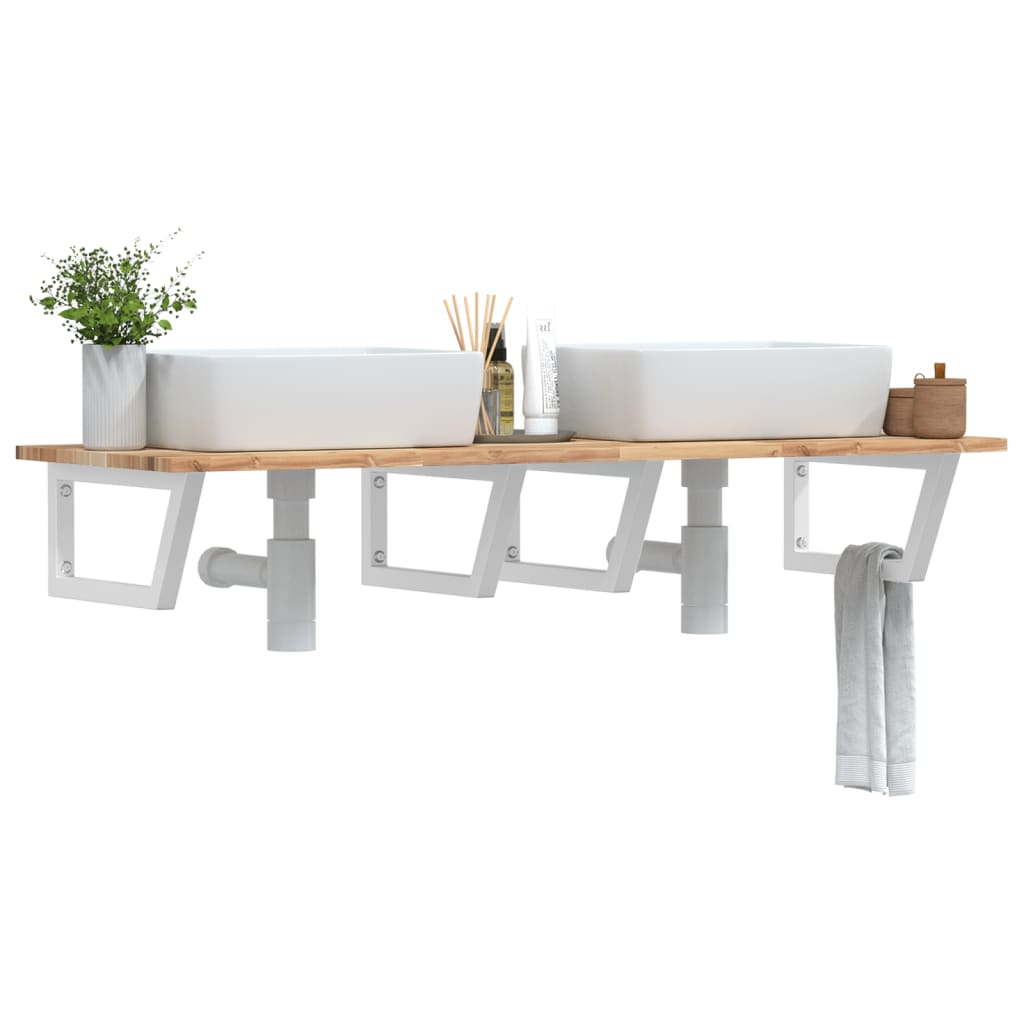 Basin Shelf Wall Mounted Steel and Solid Wood Acacia Trapezium Depth 50 cm Height 2 cm Brown and White 140 cm