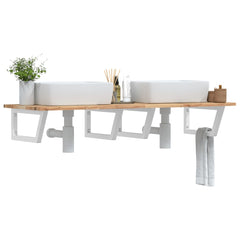 Basin Shelf Wall Mounted Steel and Solid Wood Acacia Trapezium Depth 50 cm Height 2 cm Brown and White 140 cm
