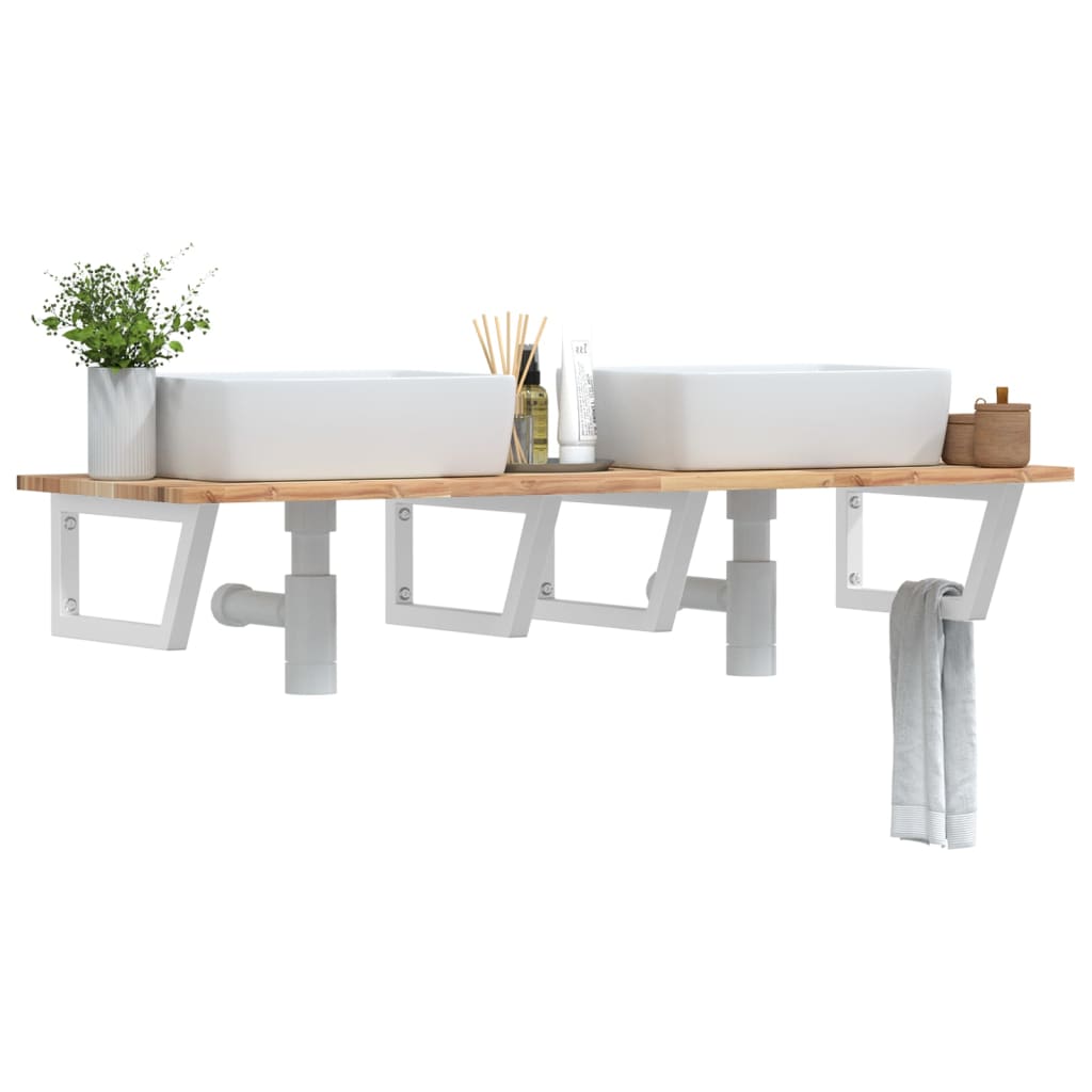 Basin Shelf Wall Mounted Steel and Solid Wood Acacia Trapezium Depth 50 cm Height 2 cm Brown and White 160 cm