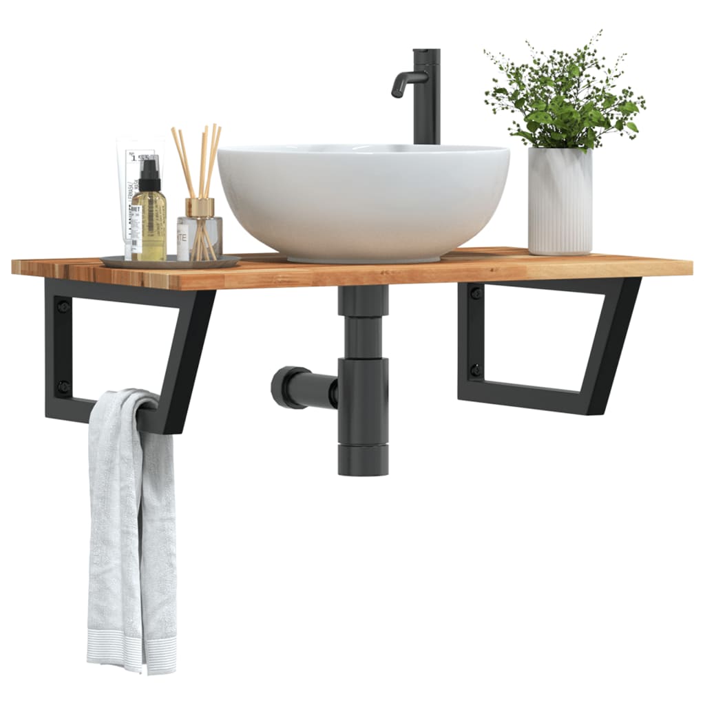 Basin Shelf Wall Mounted Steel Solid Wood Acacia Trapezium Depth Height Dark Brown Black