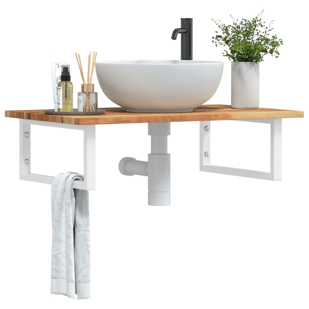 Basin Shelf Wall Mounted Steel and Solid Wood Acacia Rectangular Depth 50 cm Height 2 cm Dark Brown and White 100 cm