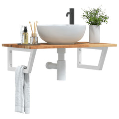 Basin Shelf Wall Mounted Steel and Solid Wood Acacia Trapezium Depth 50 cm Height 2 cm Dark Brown and White 100 cm