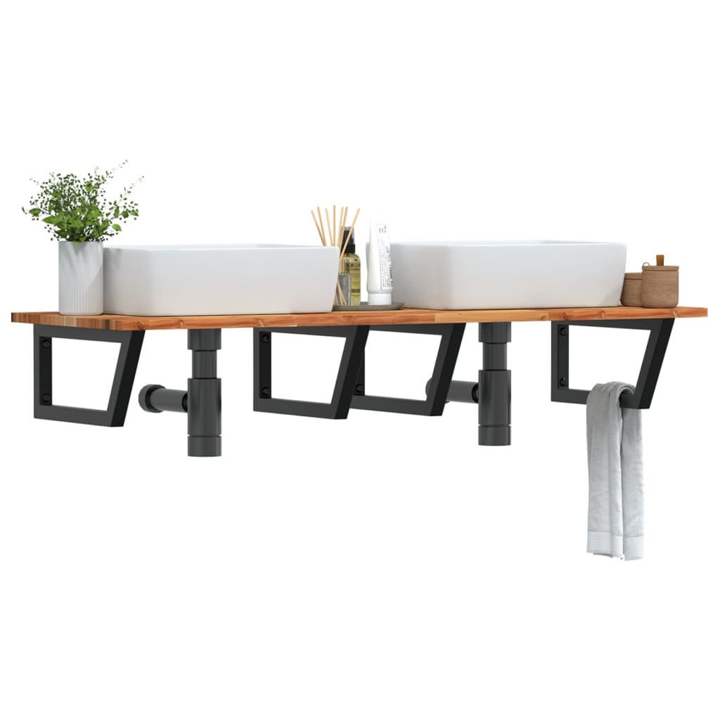 Basin Shelf Wall Mounted Steel Solid Wood Acacia Trapezium Depth Height Dark Brown Black