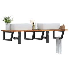 Basin Shelf Wall Mounted Steel and Solid Wood Acacia Trapezium Depth 50 cm Height 2 cm Dark Brown and Black 160 cm