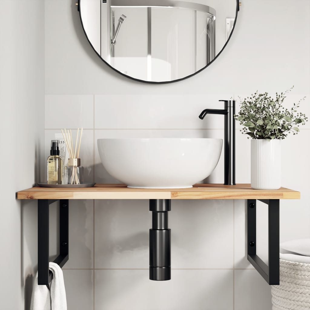 Basin Shelf Wall Mounted Steel and Solid Wood Acacia Rectangular Depth 60 cm Brown and black 80 cm 2 cm