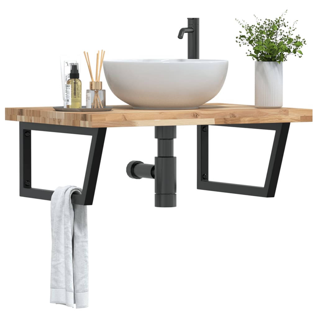 Basin Shelf Wall Mounted Steel and Solid Wood Acacia Trapezium Depth 60 cm Brown and black 80 cm 4 cm