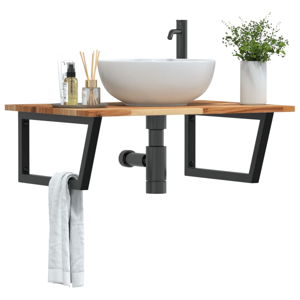 Basin Shelf Wall Mounted Steel and Solid Wood Acacia Trapezium Depth 60 cm Dark brown and black 80 cm 2 cm
