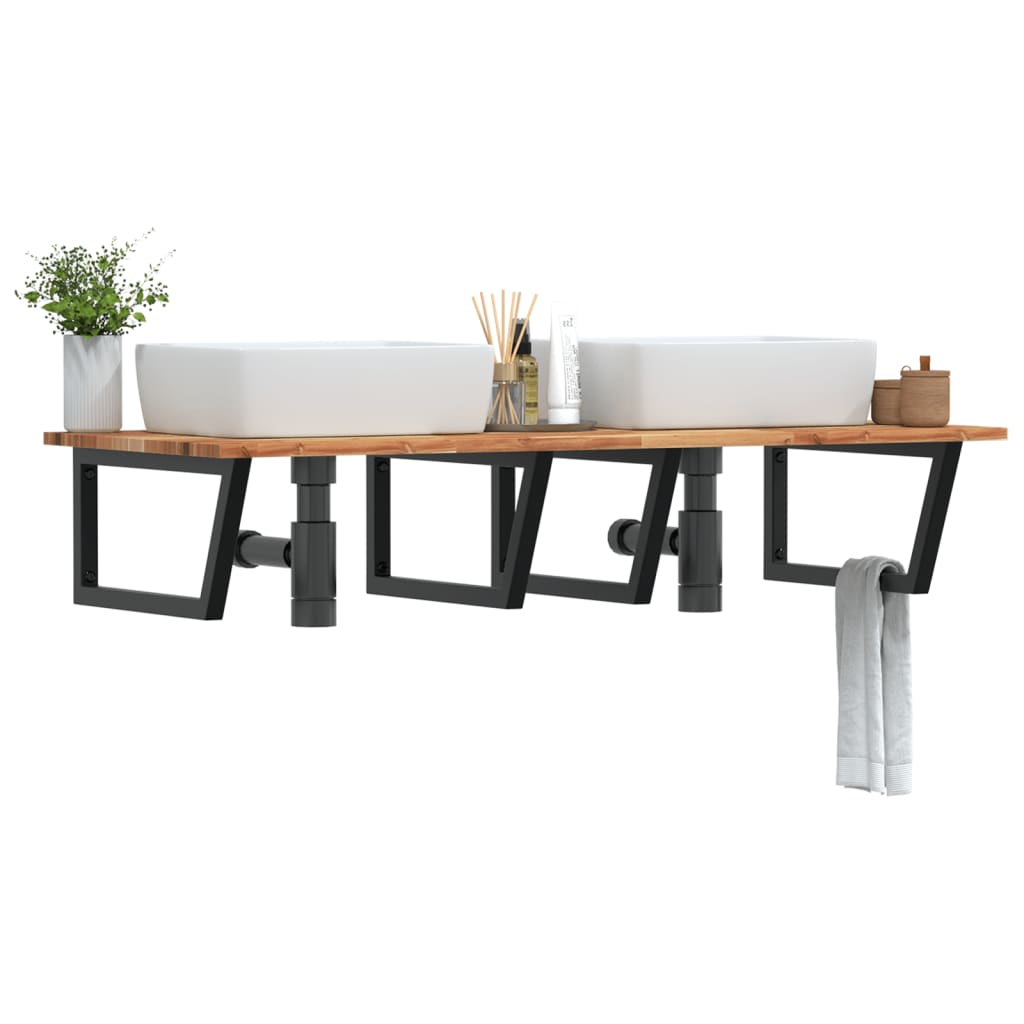 Basin Shelf Wall Mounted Steel and Solid Wood Acacia Trapezium Depth 60 cm Dark brown and black 140 cm 2 cm