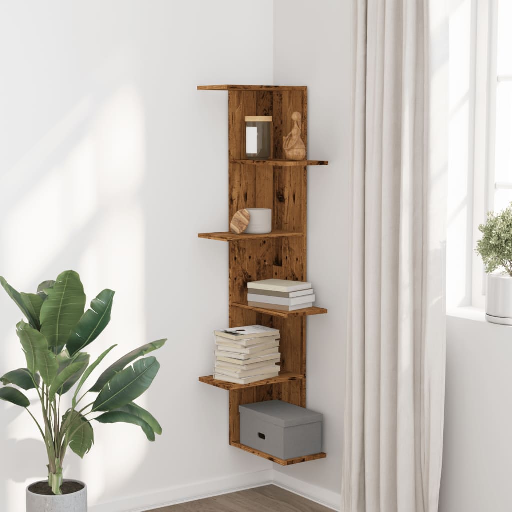 vidaXL Wall Corner Shelf Old Wood 36.5x36.5x140 cm Engineered Wood 3