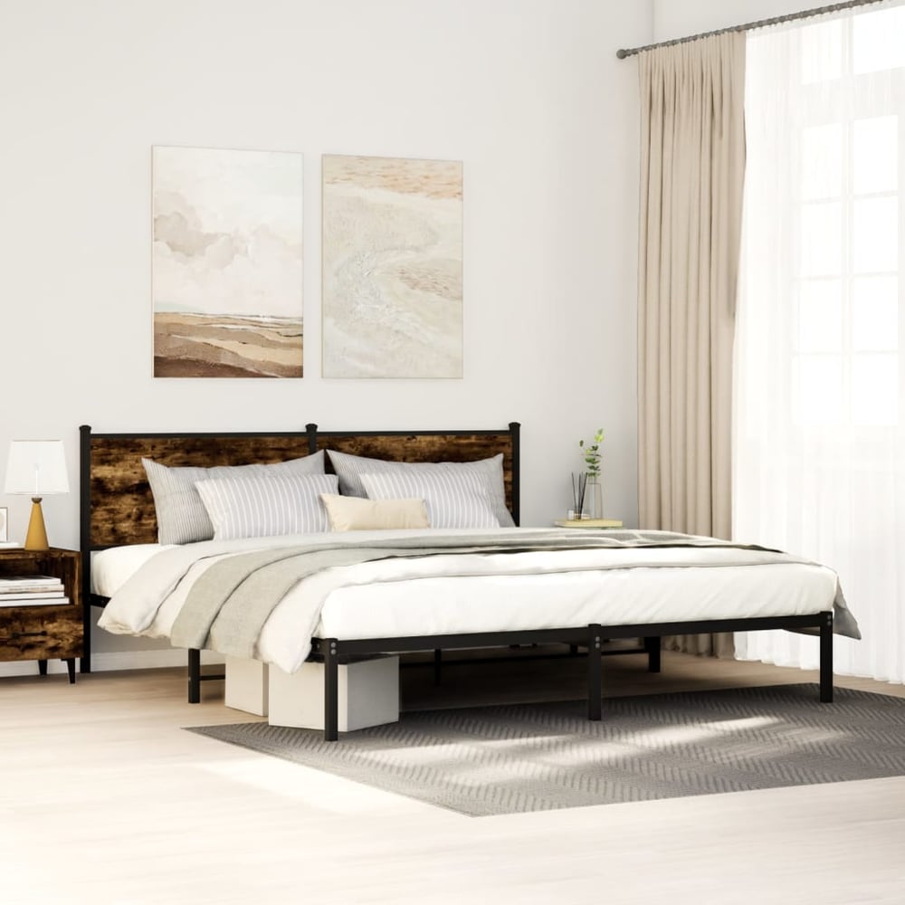 Metal Bed Frame without Mattress Smoked Oak Length 200 cm with Headboard 180 cm
