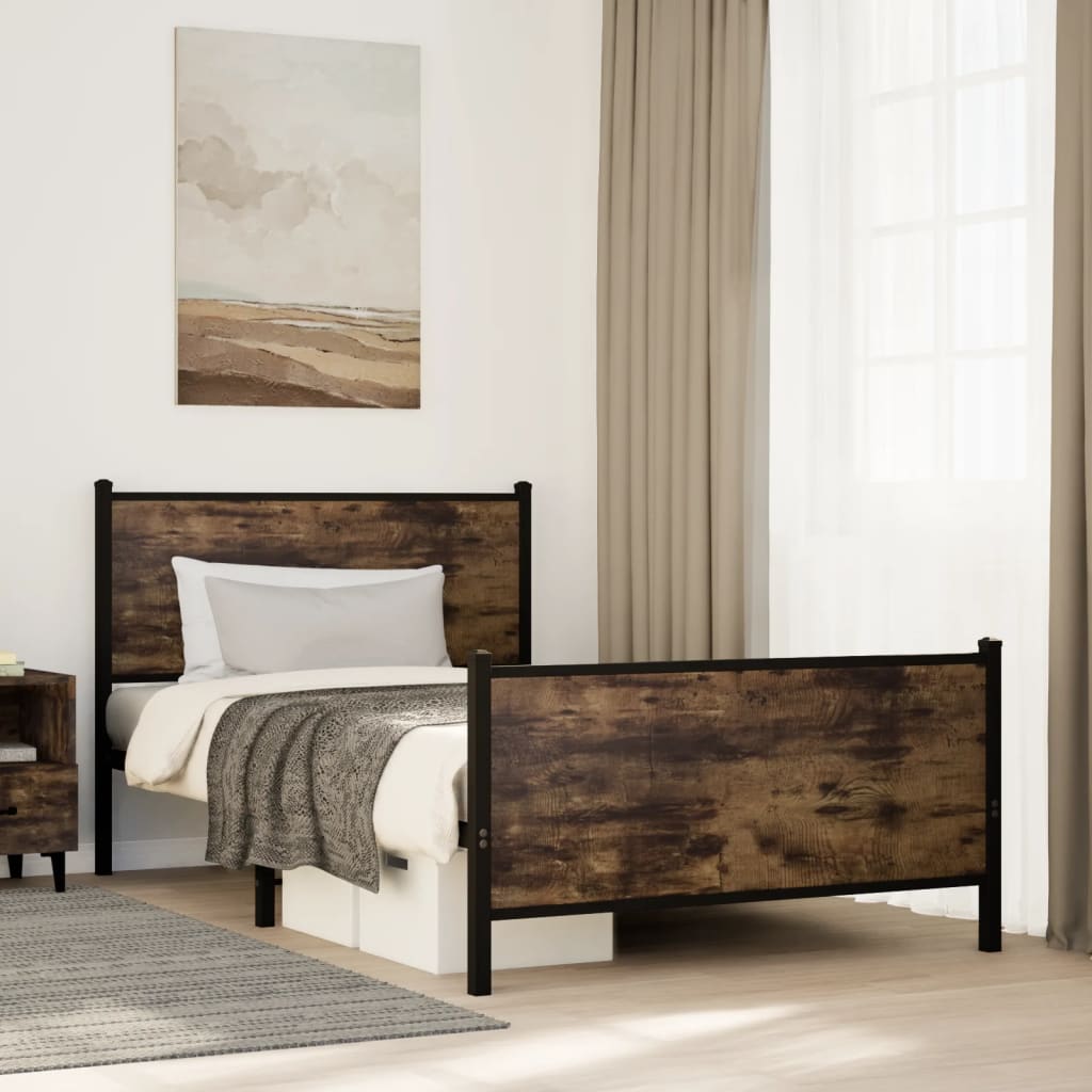 Metal Bed Frame without Mattress Smoked Oak Length 190 cm with Headboard & Footboard 100 cm