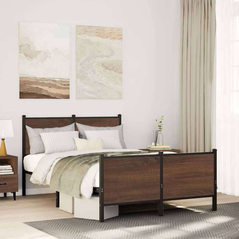 Metal Bed Frame without Mattress Brown Oak Length 200 cm with Headboard & Footboard 120 cm