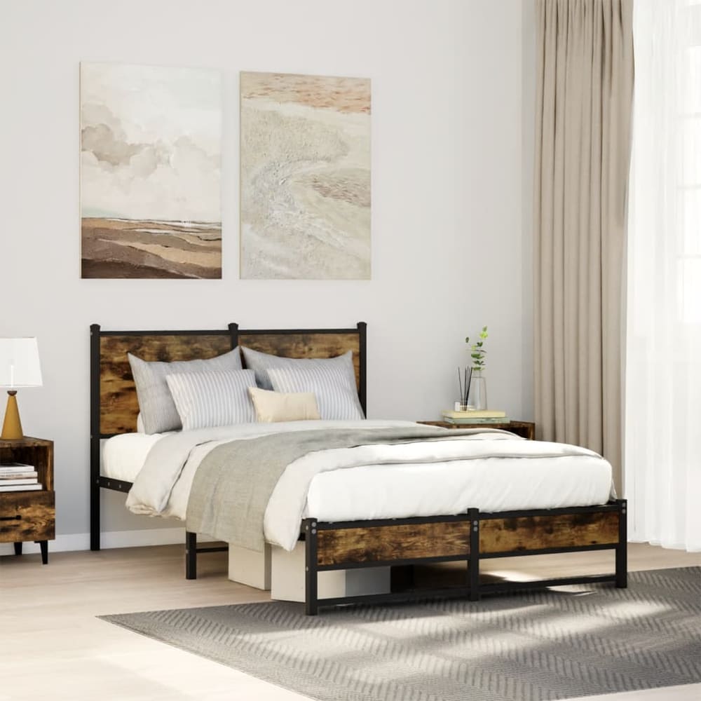 Metal Bed Frame without Mattress Smoked Oak Length 200 cm with Headboard & Dual Low Footboard 120 cm