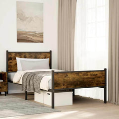 Metal Bed Frame without Mattress Smoked Oak Length 203 cm 107 cm With headboard & high footboard