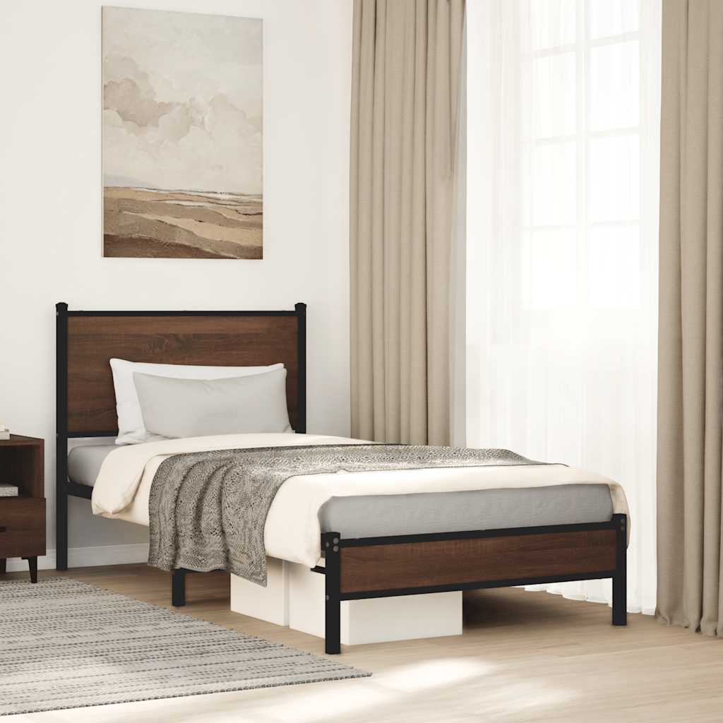 Metal Bed Frame without Mattress Brown oak Length 200 cm With headboard & low footboard 80 cm