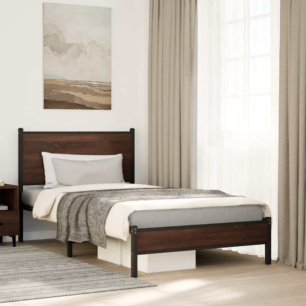 Metal Bed Frame without Mattress Brown oak Length 200 cm With headboard & low footboard 100 cm