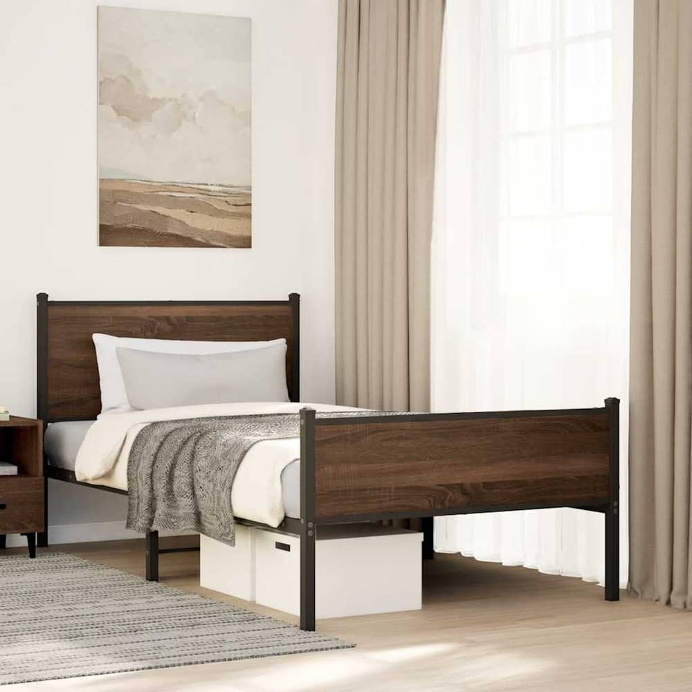 Metal Bed Frame without Mattress Brown Oak Length 200 cm with Headboard & High Footboard 100 cm