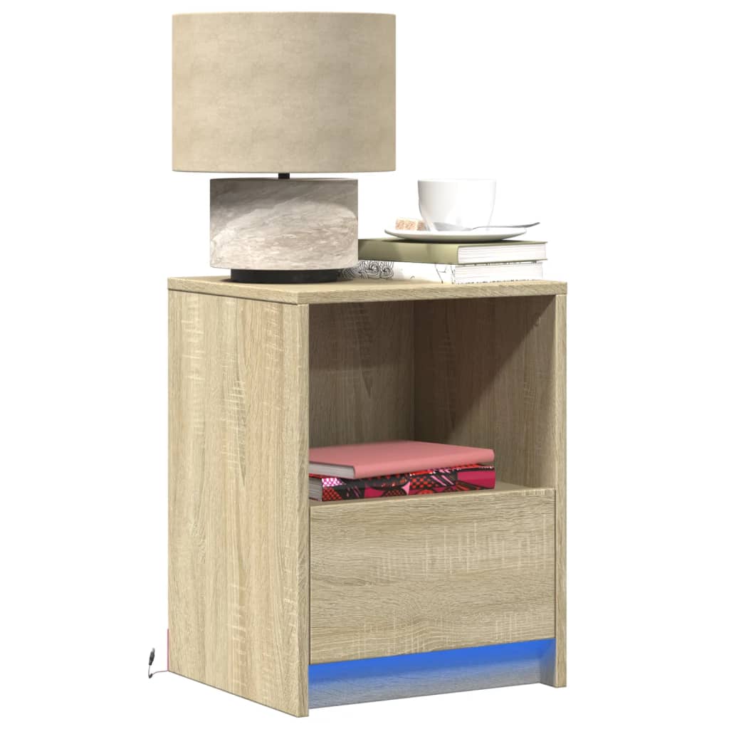 vidaXL Bedside Cabinets with LED Lights 2 pcs Sonoma Oak Engineered Wood 1