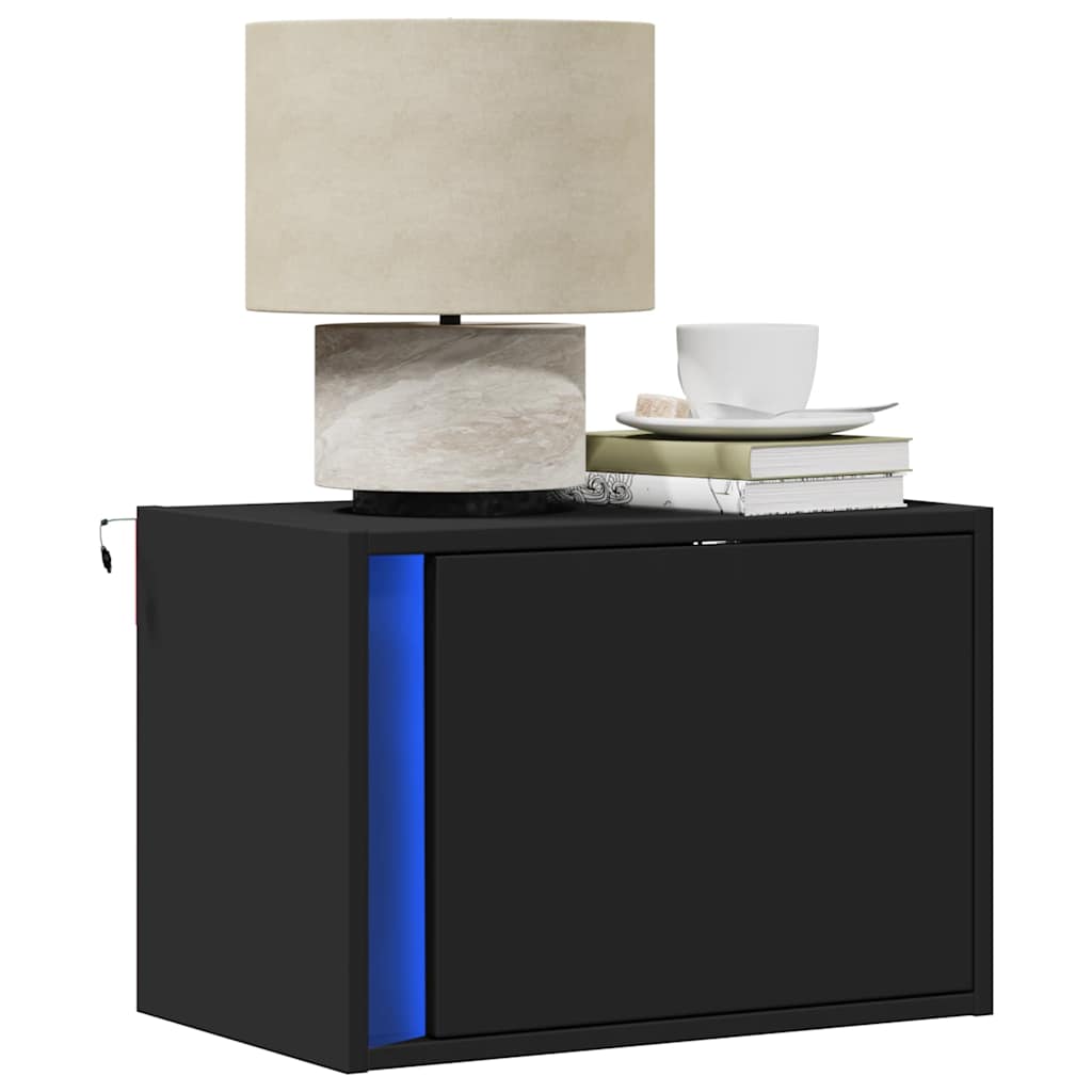 Wall-mounted Bedside Cabinet with LED Lights Black 2